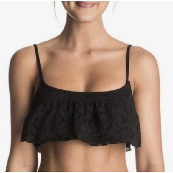 Roxy Cozy & Soft Layered Lace Crochet Bikini Top In Black Sz M - Picture 2 of 7
